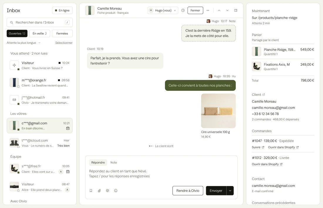 Une conversation reprise par l’équipe, avec le panier du client