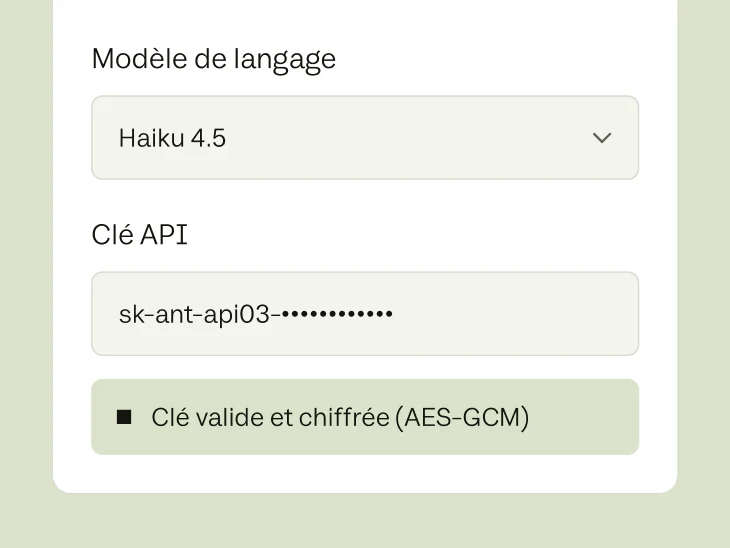 L’écran de configuration : modèle Claude Haiku 4.5, clé API masquée et confirmée valide et chiffrée.