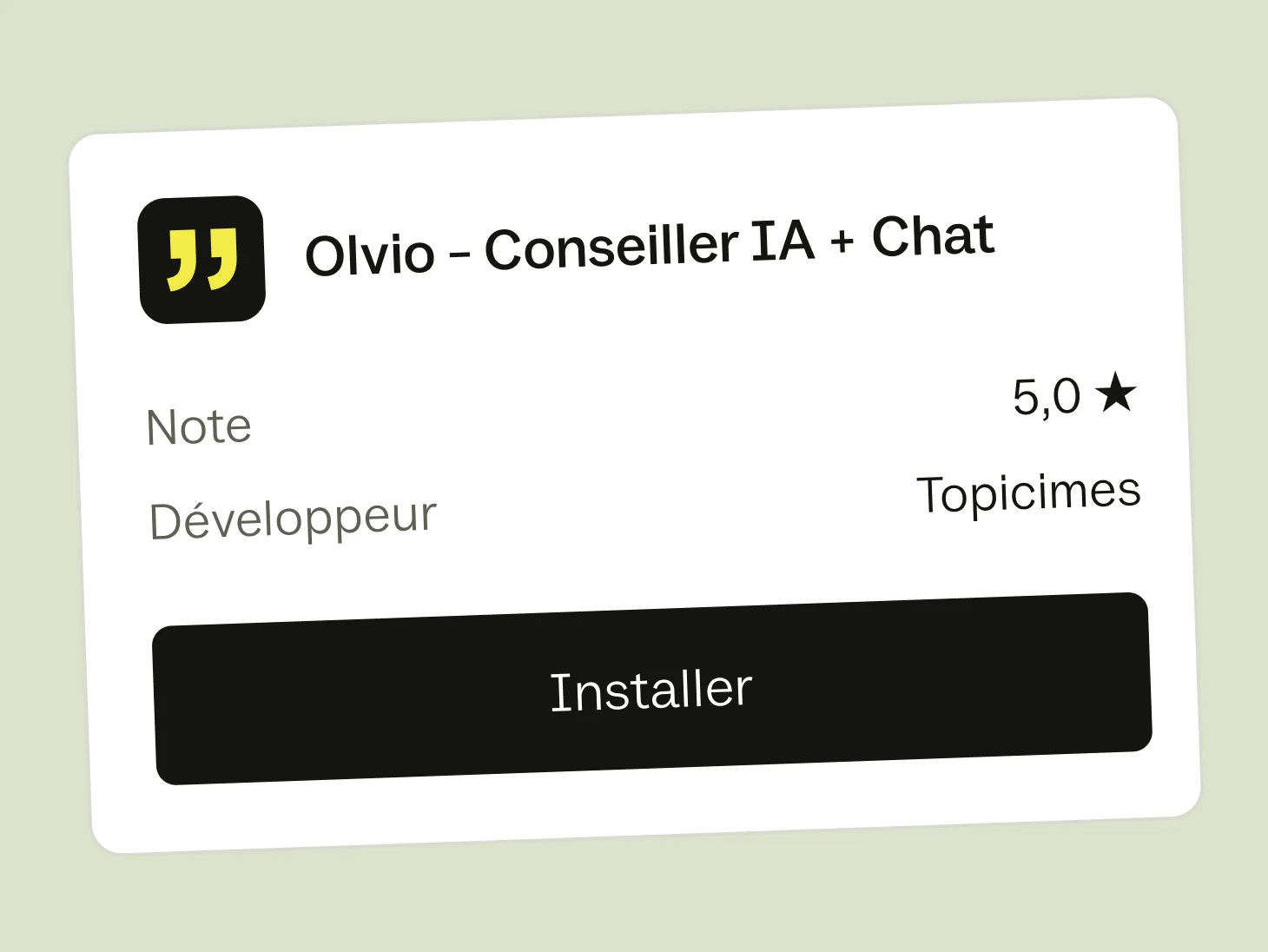La fiche Olvio sur le Shopify App Store : note 5,0 sur 5 et bouton Installer.