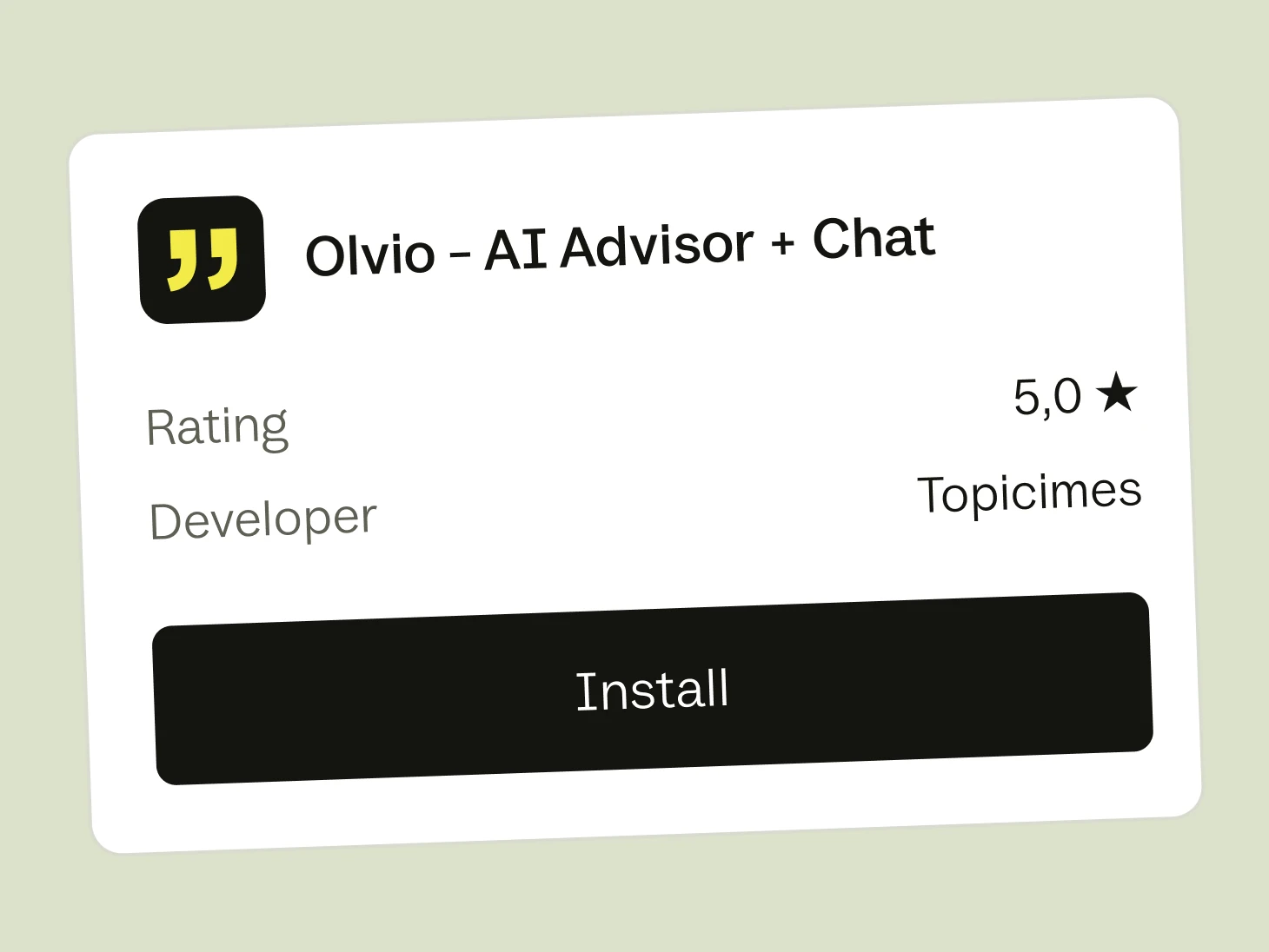 The Olvio listing on the Shopify App Store: 5.0 out of 5 and an Install button.