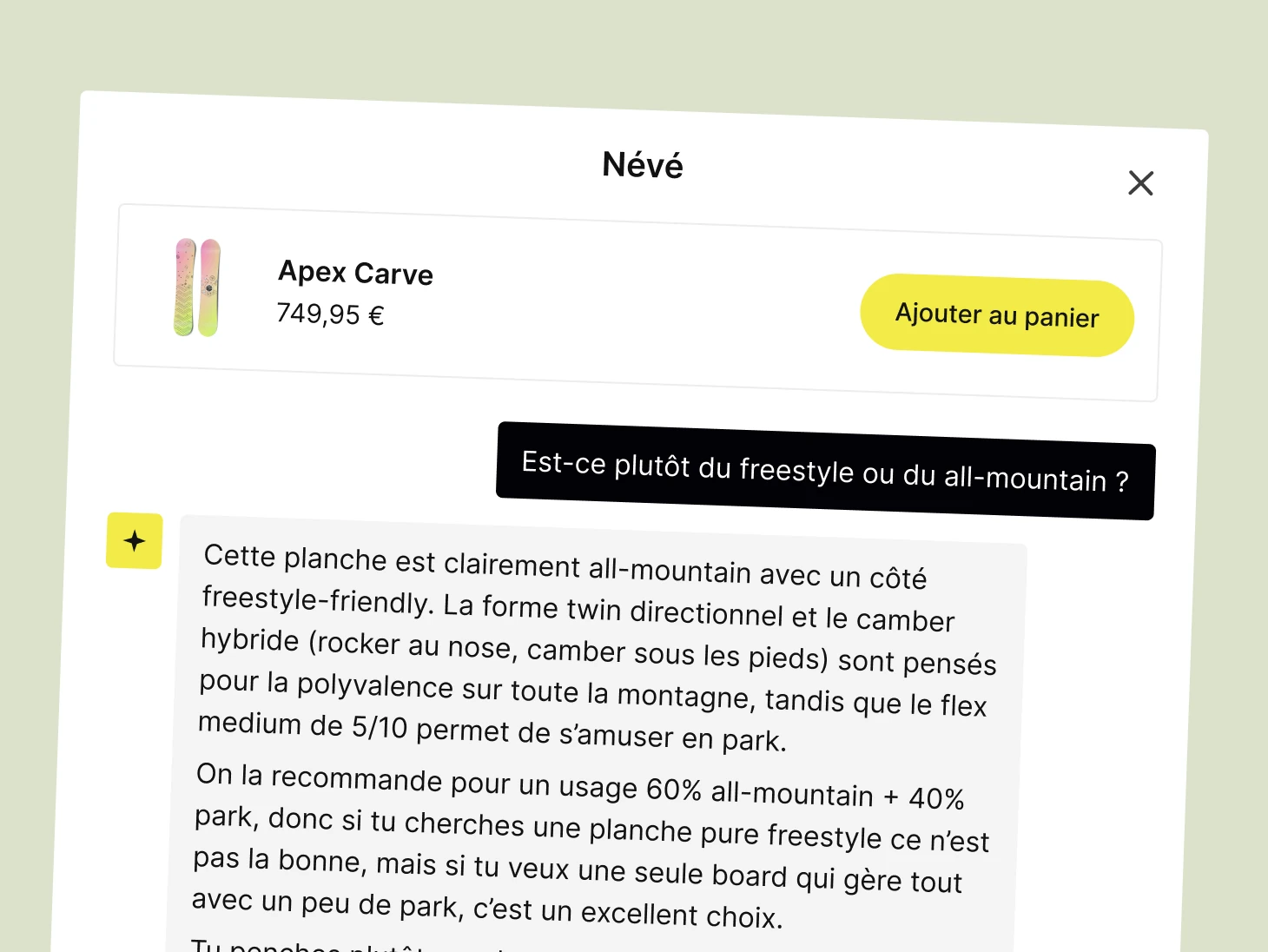 Le widget sur une fiche produit : une question de client, la réponse en cours, et « Propulsé par Olvio ».