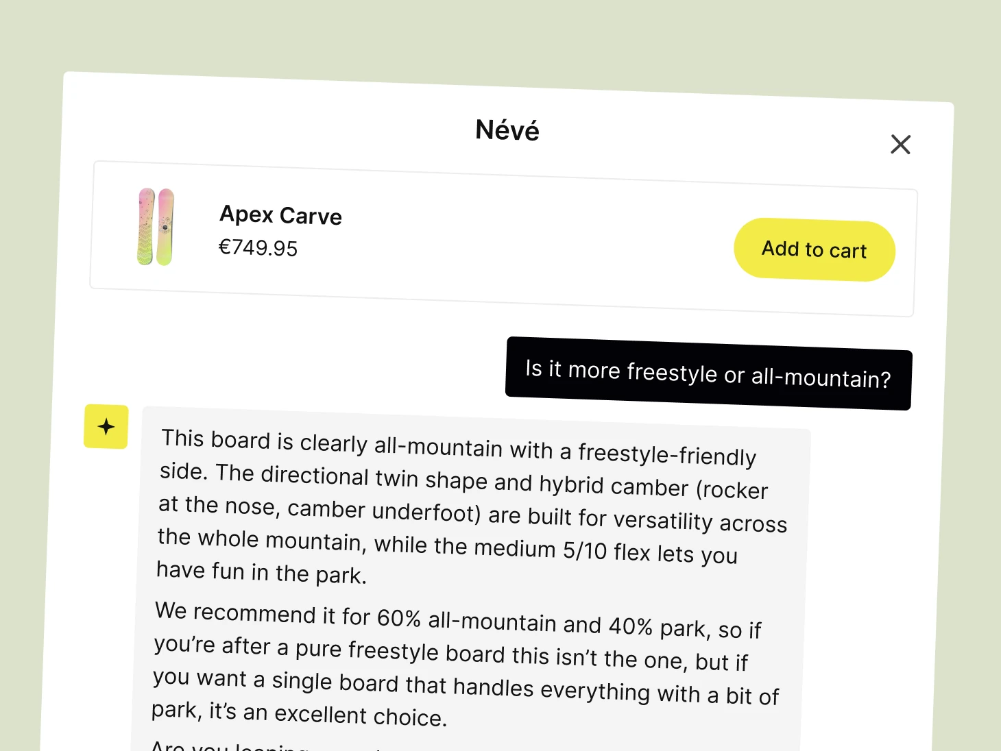 The widget on a product page: a customer question, the answer in progress, and “Powered by Olvio”.